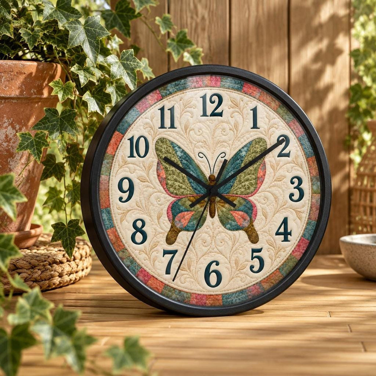 Butterfly Clock, 10-Inch Wood Frame Floral Wall with Silent Mechanism