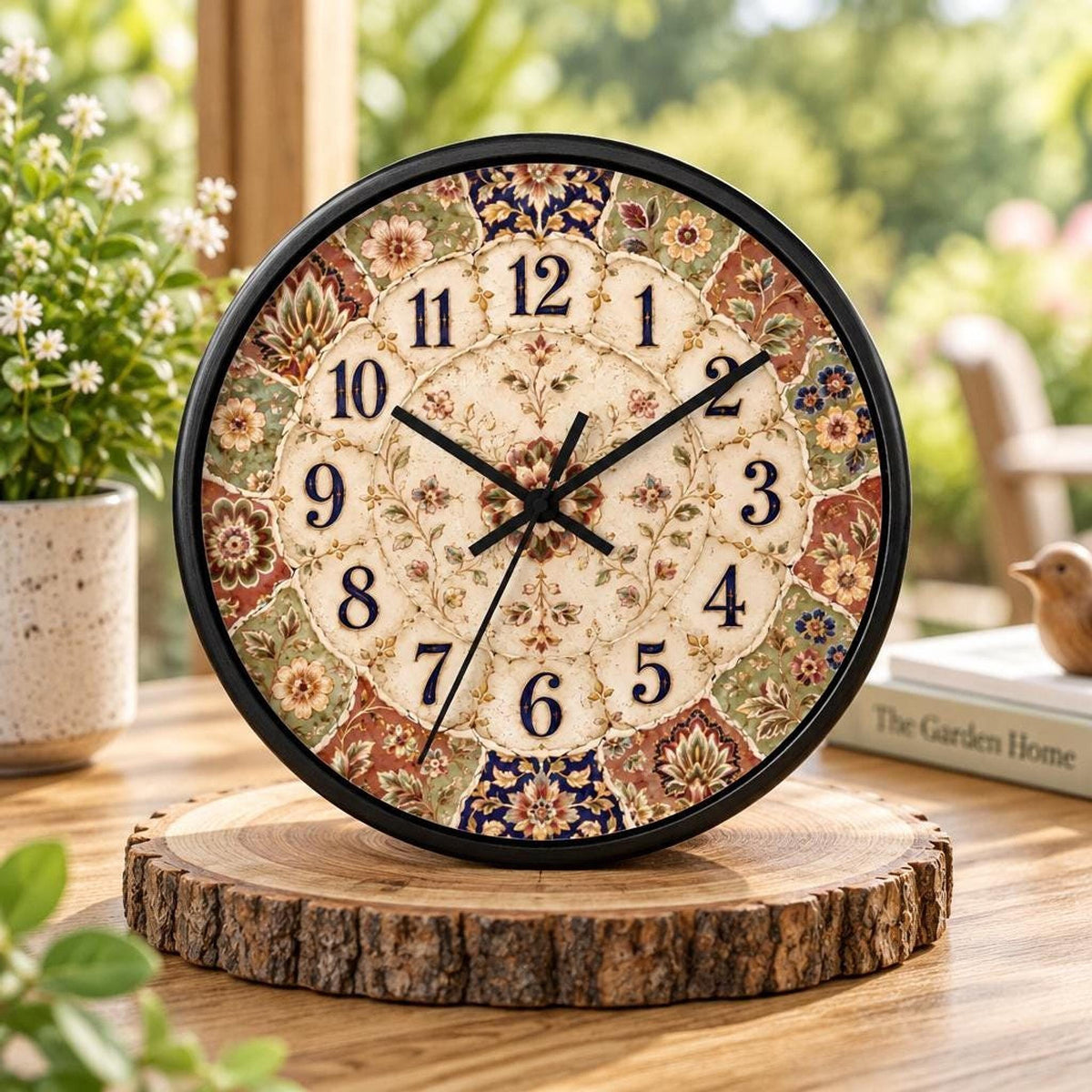 Floral Wall Clock, 10-Inch Square Wood Frame with Silent Mechanism
