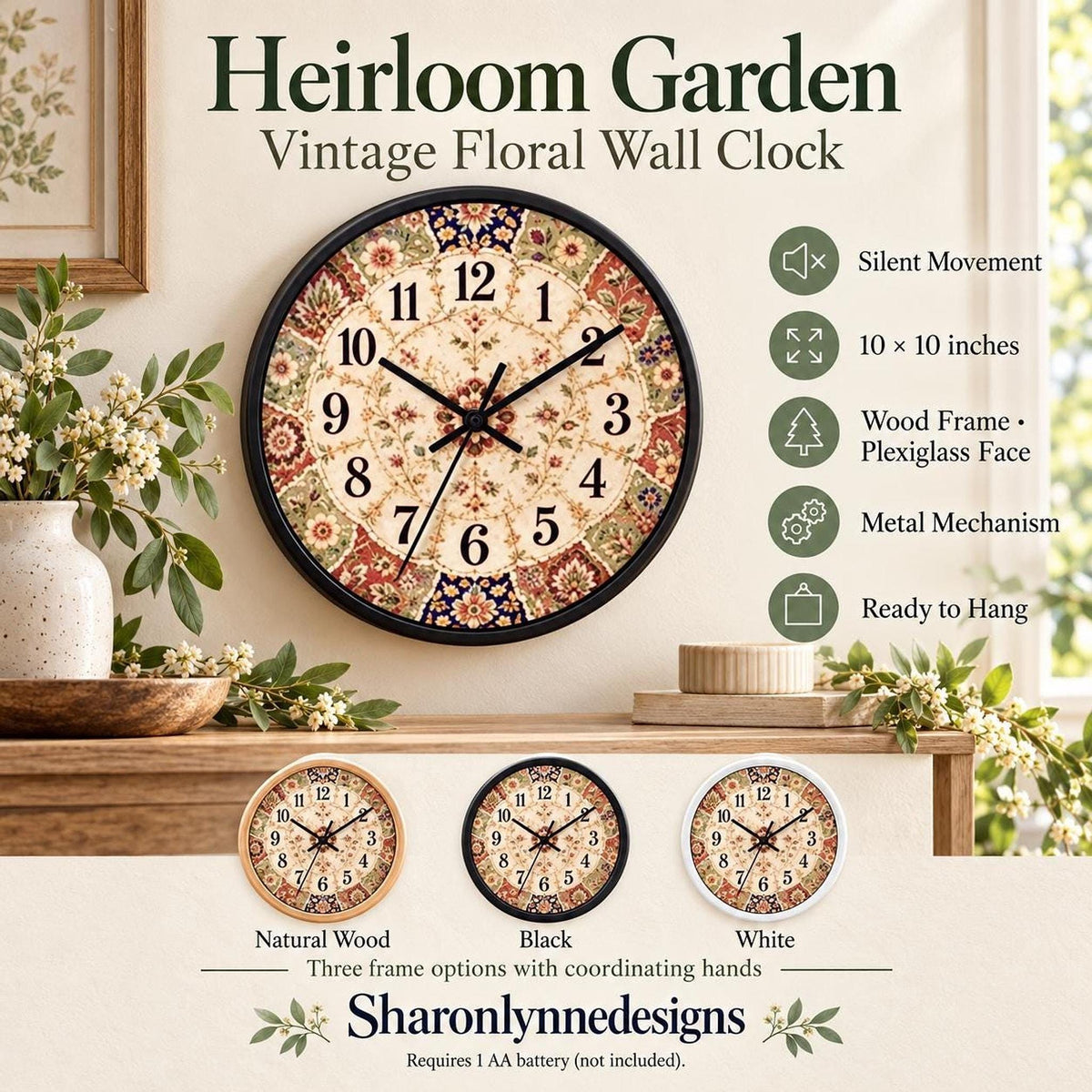 Floral Wall Clock, 10-Inch Square Wood Frame with Silent Mechanism