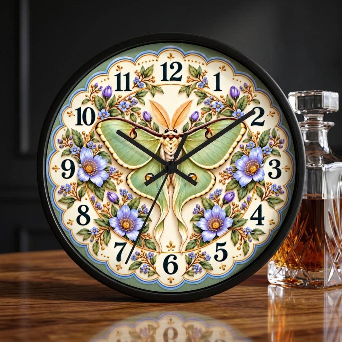 Luna Moth Floral Wall Clock, 10-Inch Botanical Illustration with Silent Movement