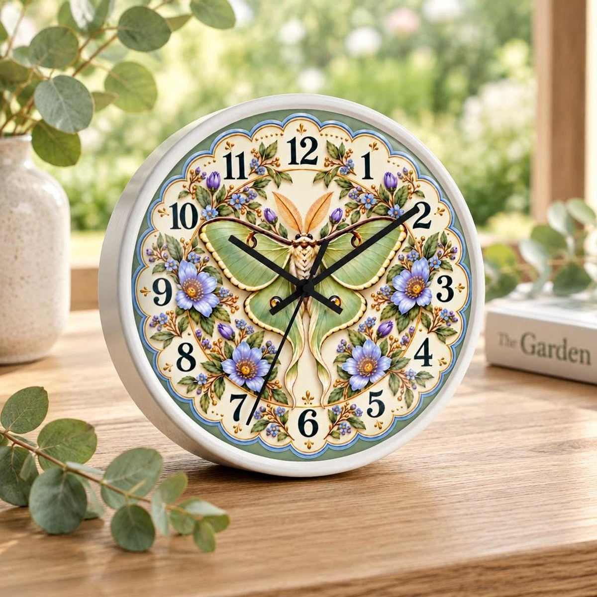Luna Moth Floral Wall Clock, 10-Inch Botanical Illustration with Silent Movement