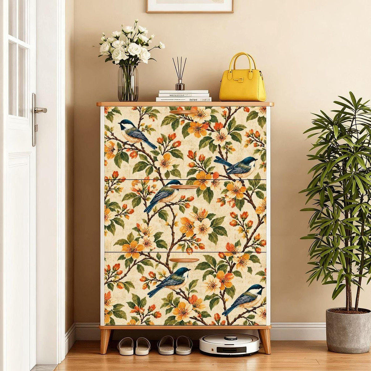 Pale Yellow Bird Shoe Cabinet (Made in USA)