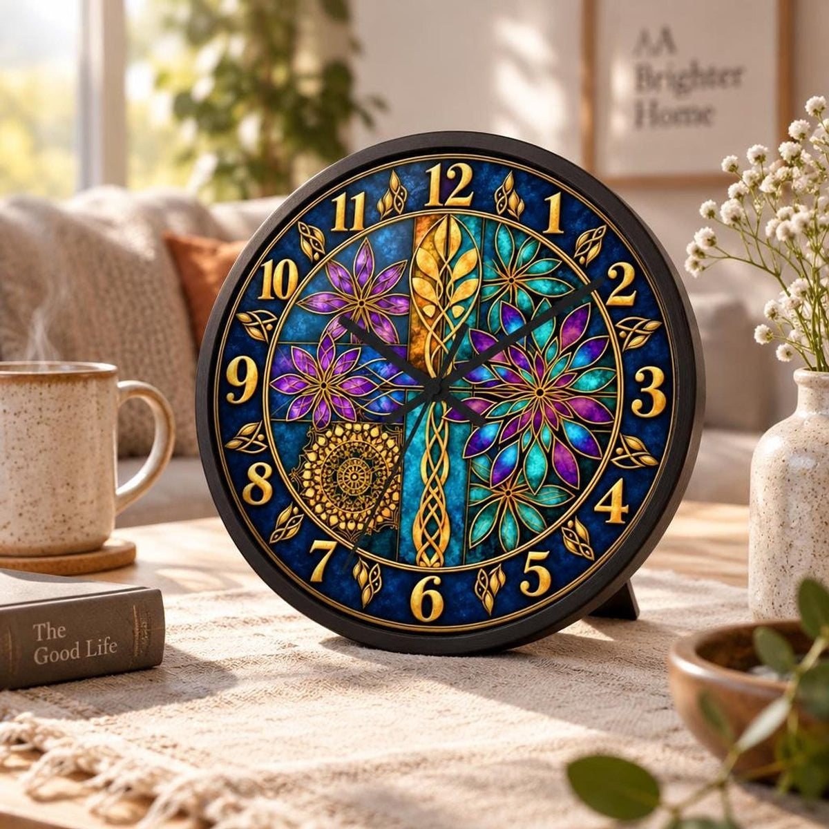 Stained Glass Clock, 10-Inch Celtic Floral Design With Wood Frame