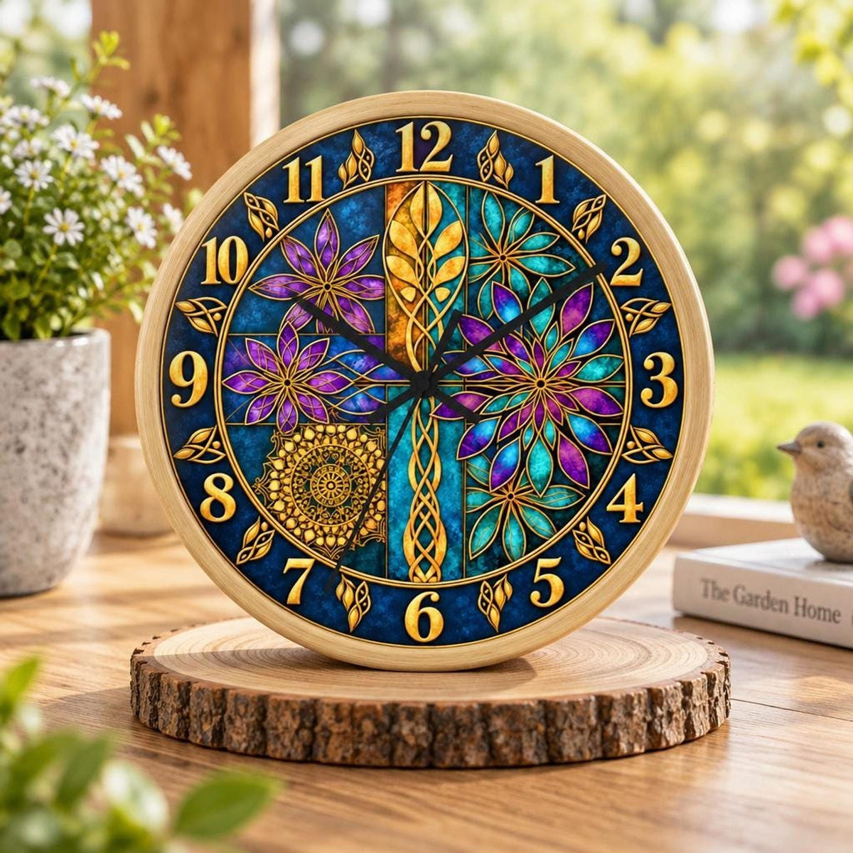 Stained Glass Clock, 10-Inch Celtic Floral Design With Wood Frame