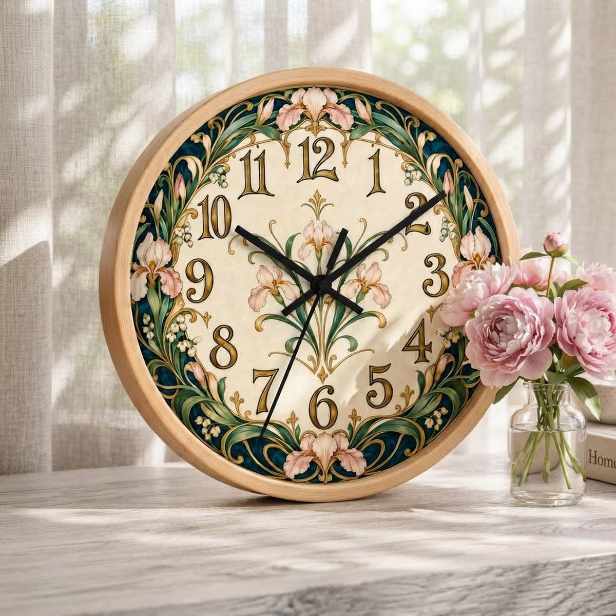Floral Wall Clock, 10-Inch Wood Frame Art Nouveau Design with Silent Mechanism