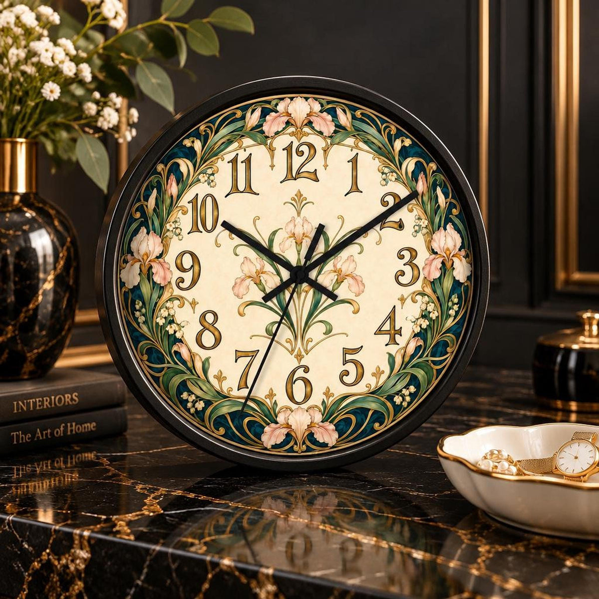 Floral Wall Clock, 10-Inch Wood Frame Art Nouveau Design with Silent Mechanism