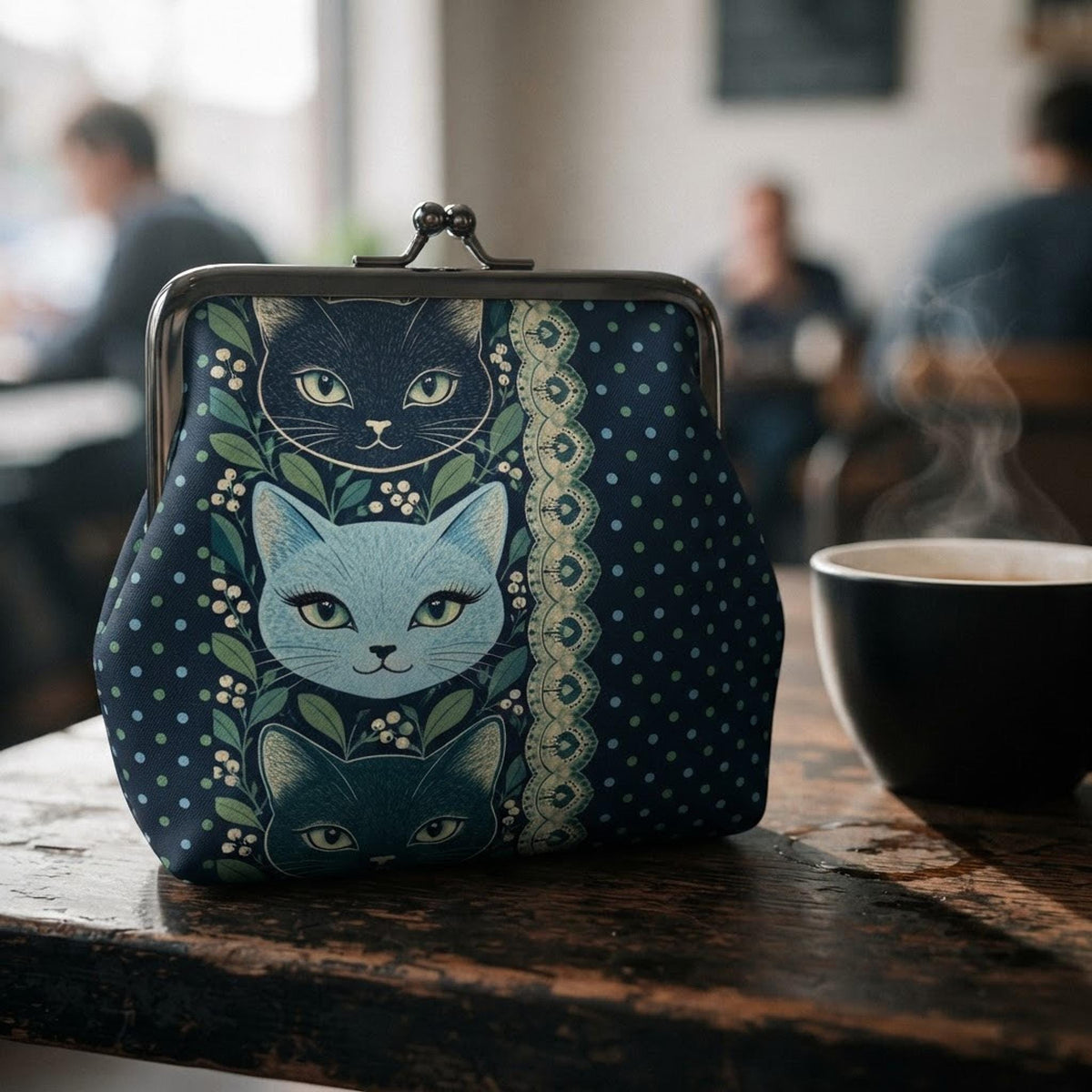 Cat Coin Purse, Microfiber PU Faux Leather With Polka Dot Print