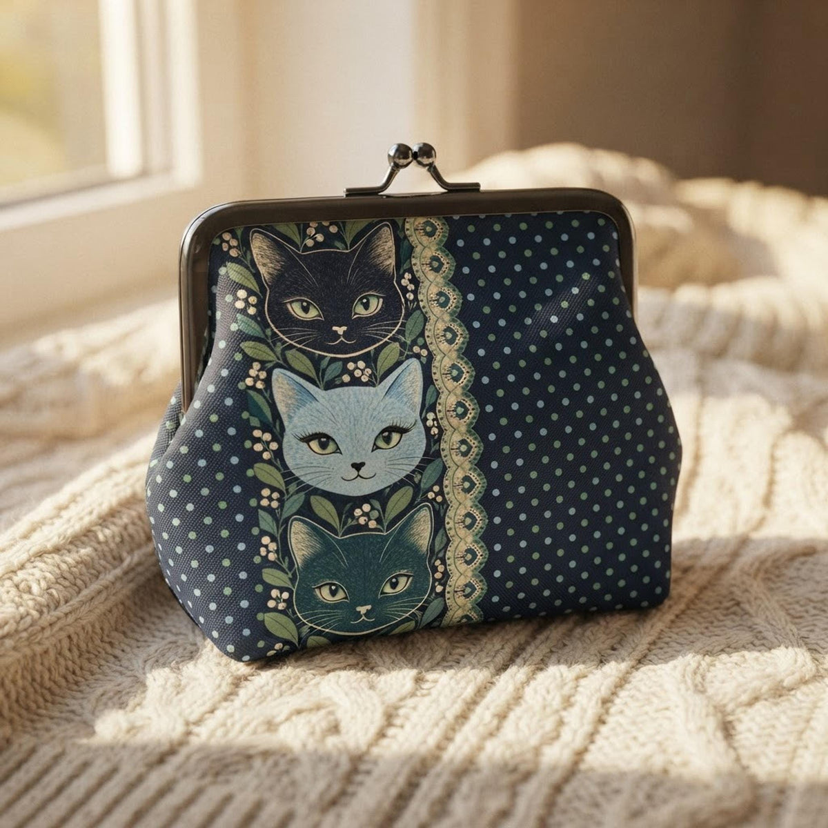 Cat Coin Purse, Microfiber PU Faux Leather With Polka Dot Print