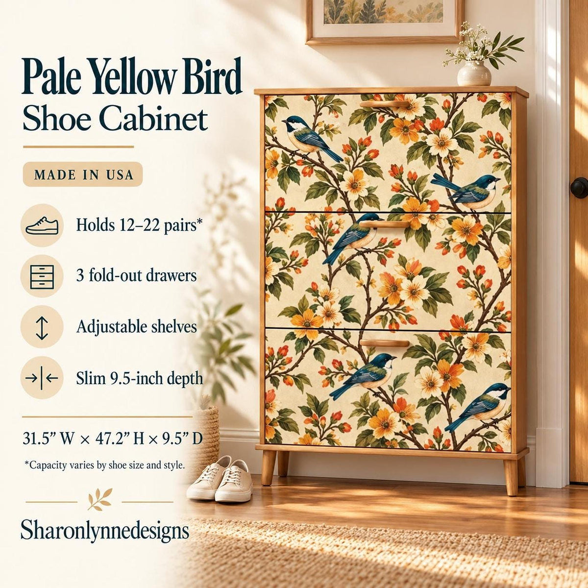 Pale Yellow Bird Shoe Cabinet (Made in USA)