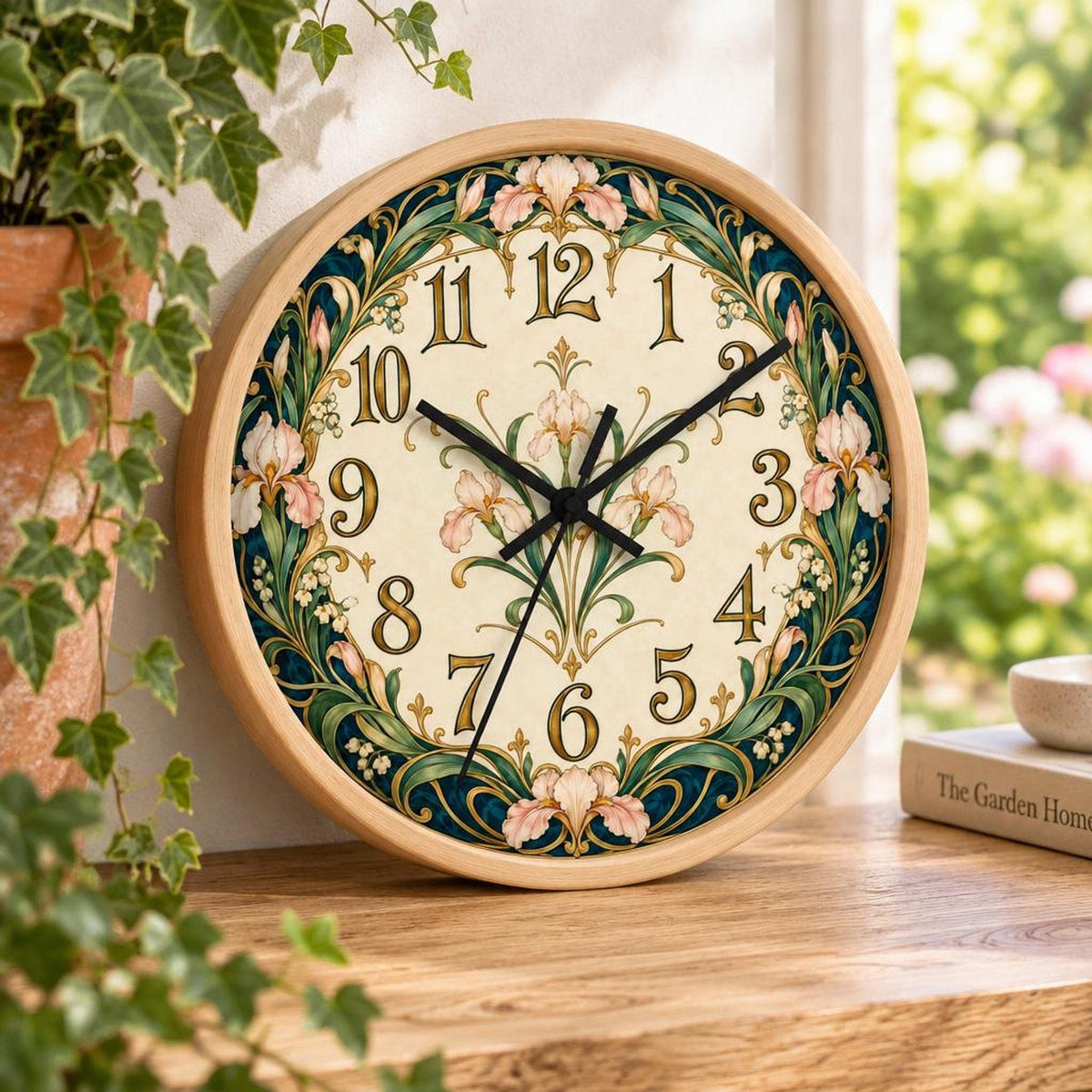 Floral Wall Clock, 10-Inch Wood Frame Art Nouveau Design with Silent Mechanism