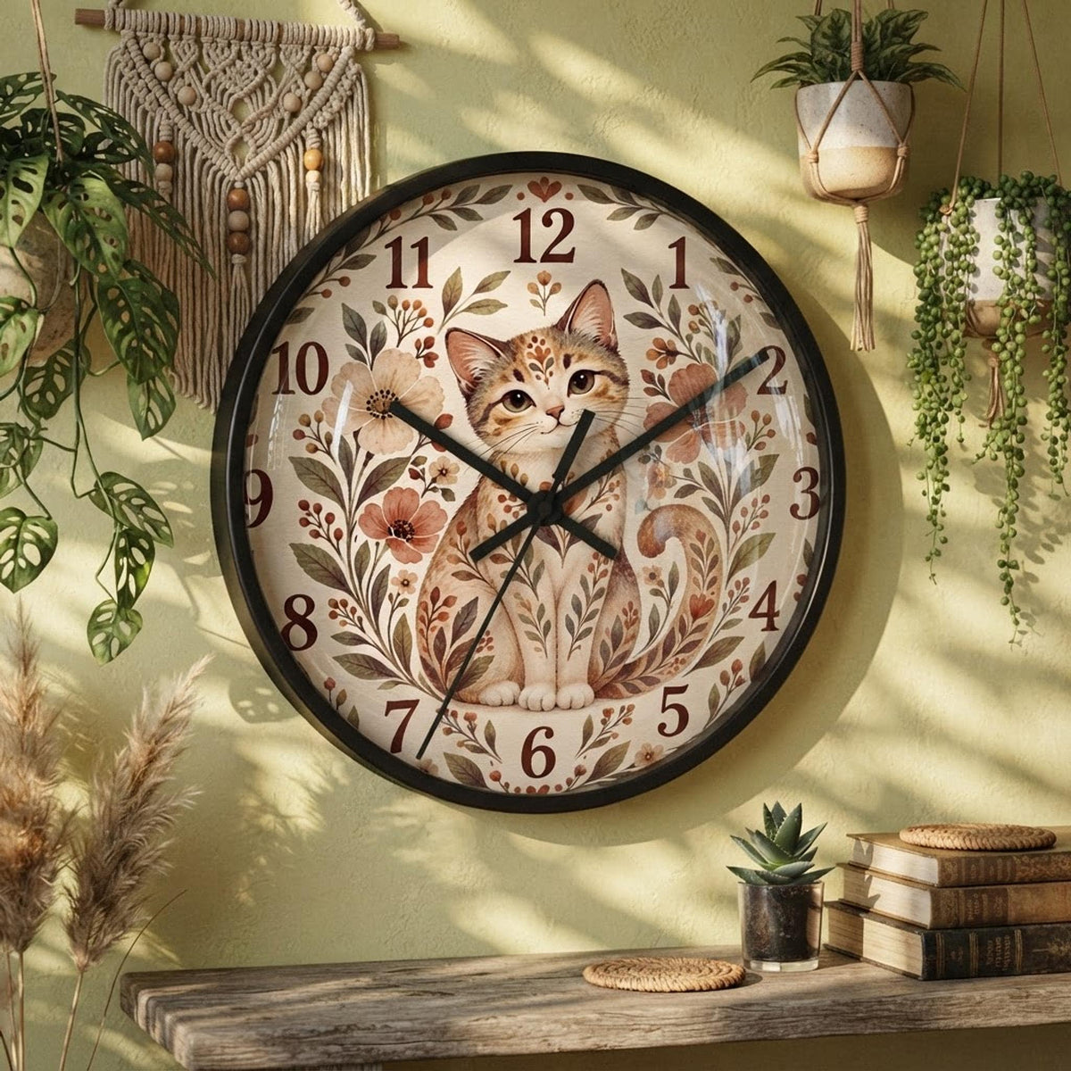 Floral Cat Wall Clock | Vintage Botanical Feline Design