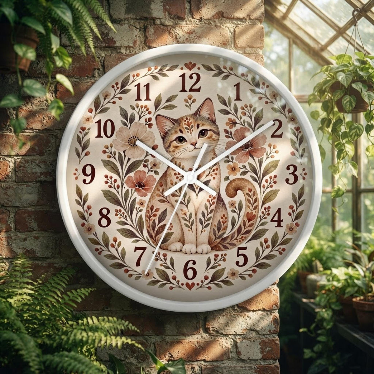 Floral Cat Wall Clock | Vintage Botanical Feline Design