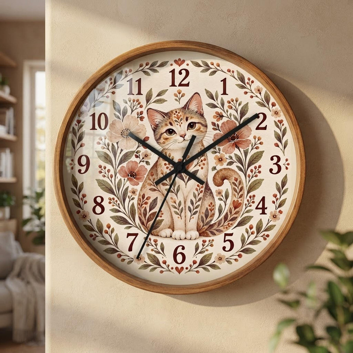 Floral Cat Wall Clock | Vintage Botanical Feline Design