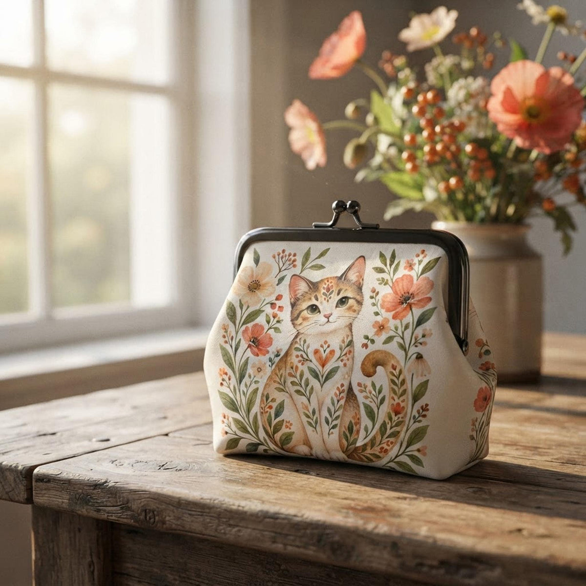 Floral Cat Coin Purse, 4.5 × 4.1 Inch Faux Leather Wallet