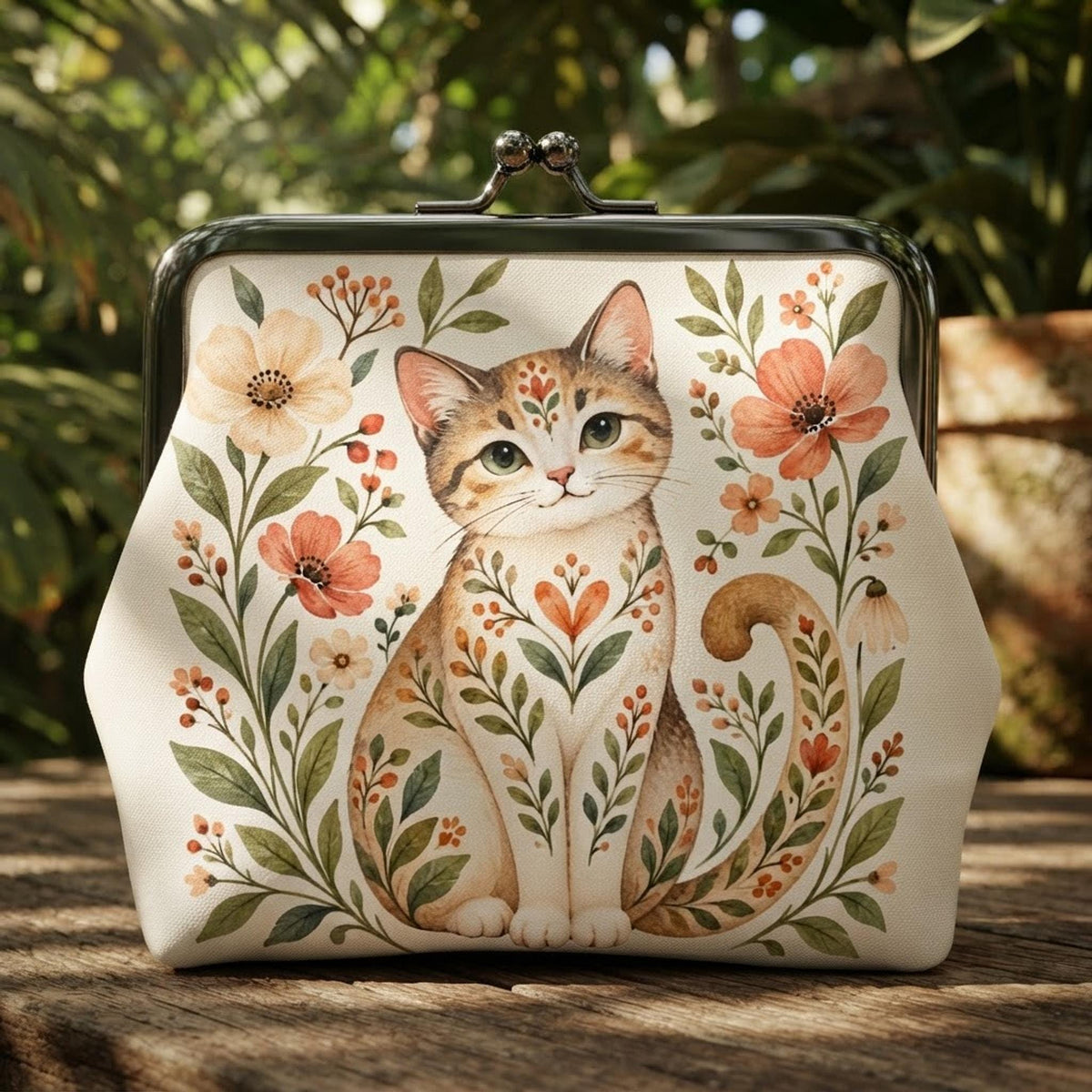 Floral Cat Coin Purse, 4.5 × 4.1 Inch Faux Leather Wallet