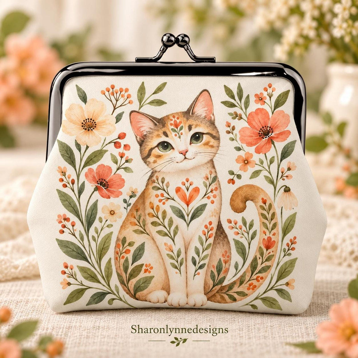 Floral Cat Coin Purse, 4.5 × 4.1 Inch Faux Leather Wallet
