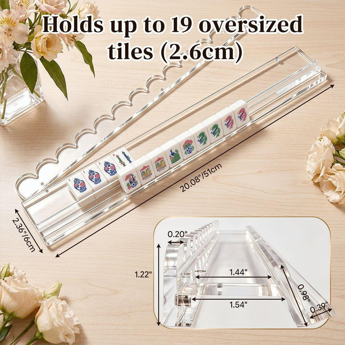 Extended Mahjong Rack Set, Acrylic with Scalloped Pushers and Storage Bag