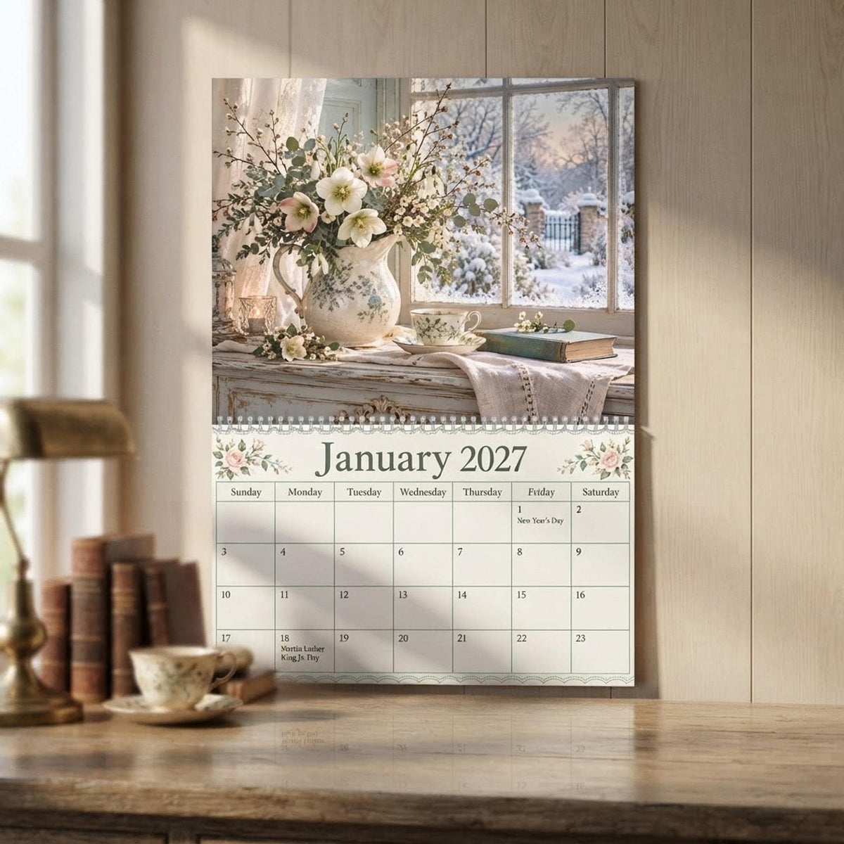 2027 Floral Wall Calendar, Shabby Rose Cottage Art with Blank Writable Pages
