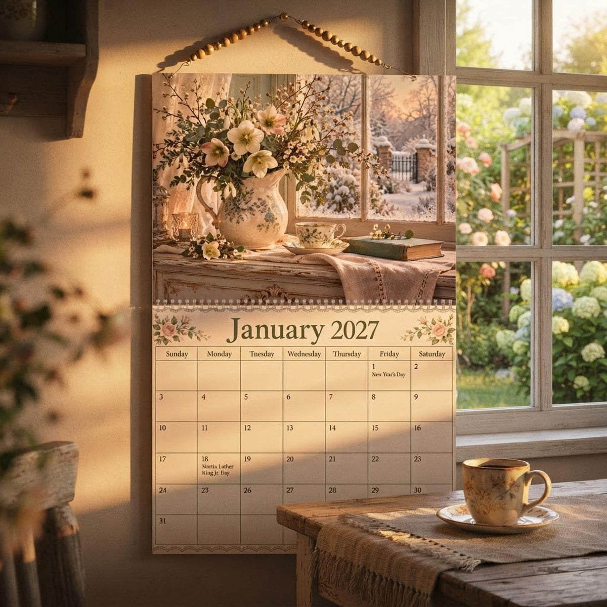 2027 Floral Wall Calendar, Shabby Rose Cottage Art with Blank Writable Pages