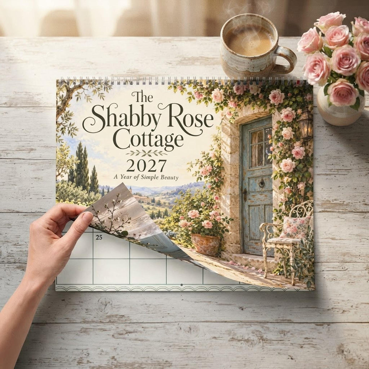 2027 Floral Wall Calendar, Shabby Rose Cottage Art with Blank Writable Pages