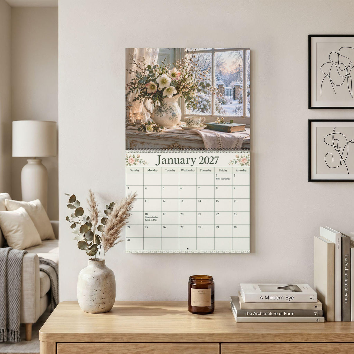 2027 Floral Wall Calendar, Shabby Rose Cottage Art with Blank Writable Pages