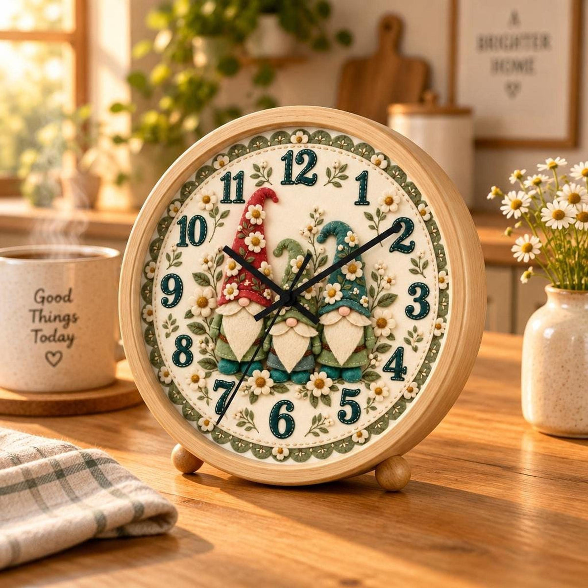 Whimsical Gnome Floral Wall Clock