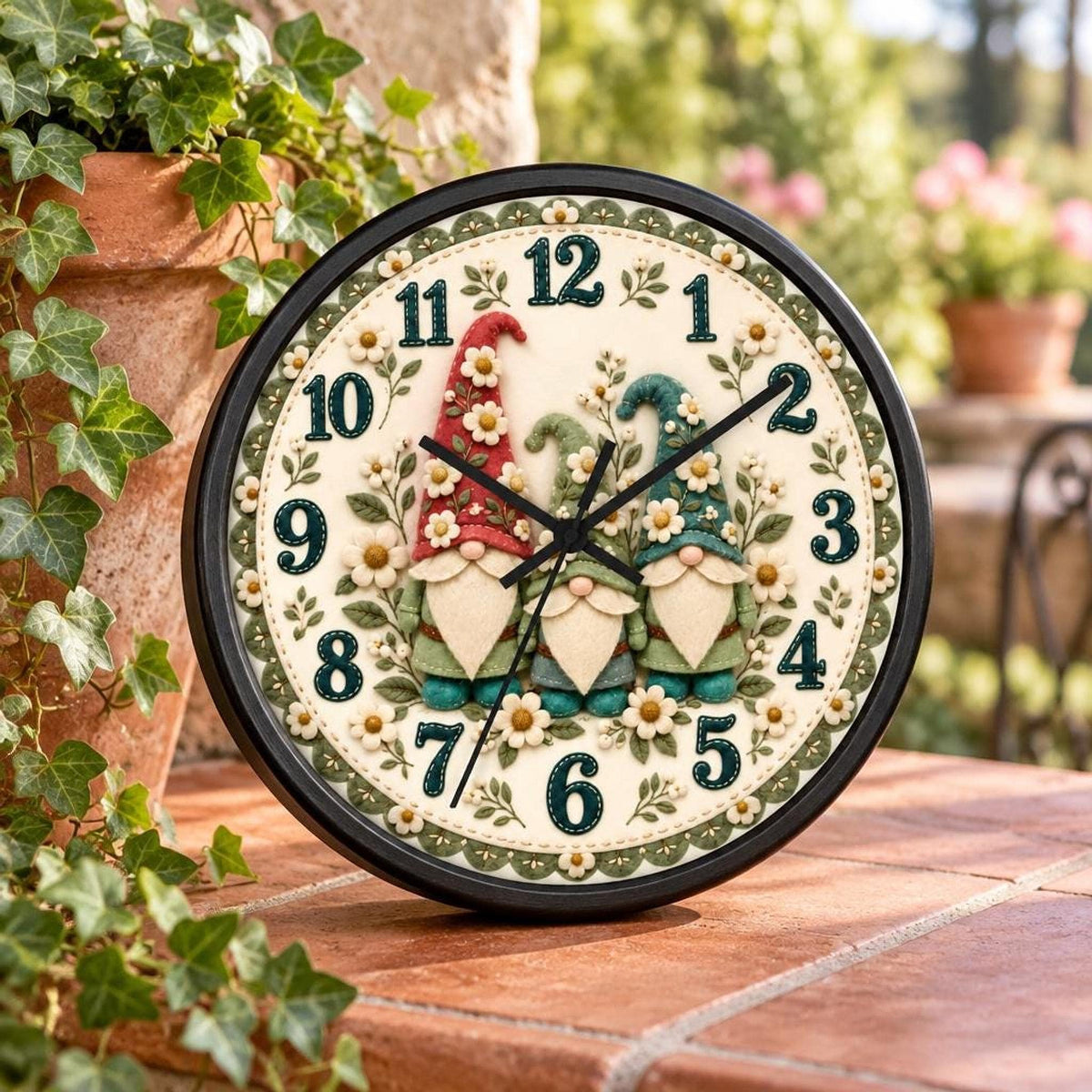 Whimsical Gnome Floral Wall Clock