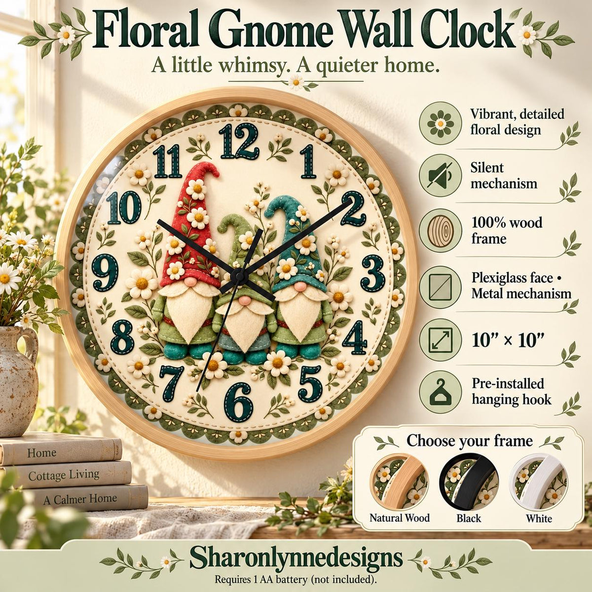 Whimsical Gnome Floral Wall Clock