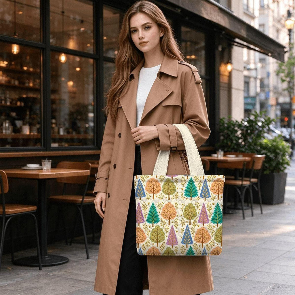 Woodland Quilted Tote Bag, Polyester Shoulder Bag in M, L, or XL