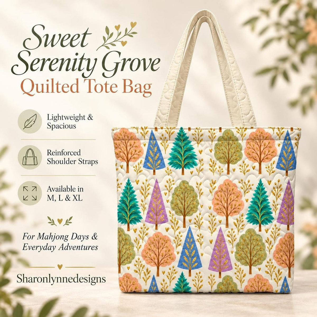 Woodland Quilted Tote Bag, Polyester Shoulder Bag in M, L, or XL