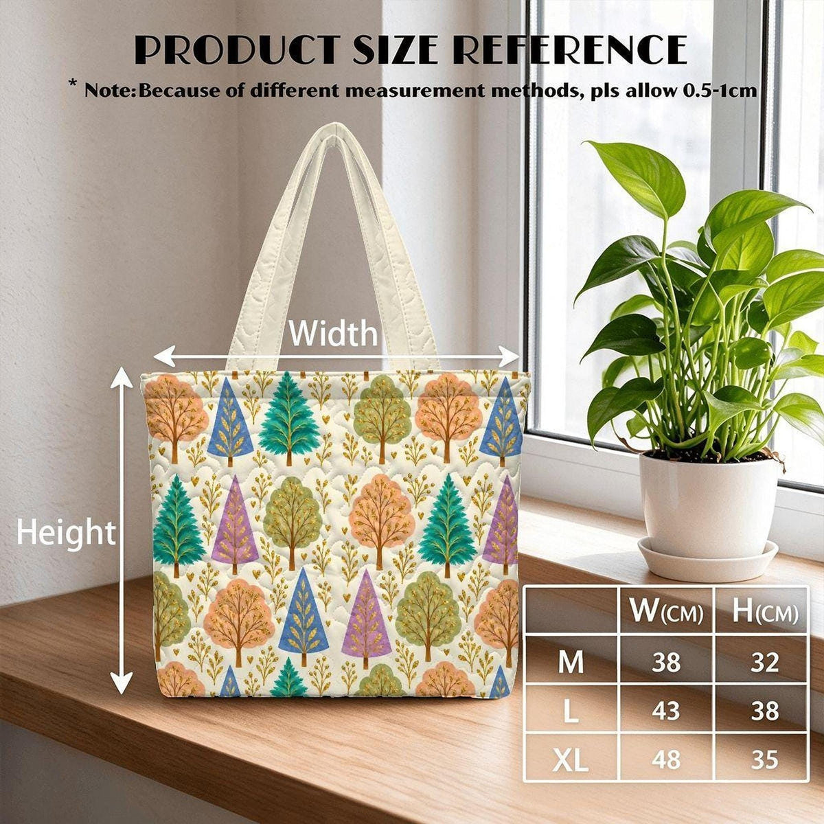 Woodland Quilted Tote Bag, Polyester Shoulder Bag in M, L, or XL
