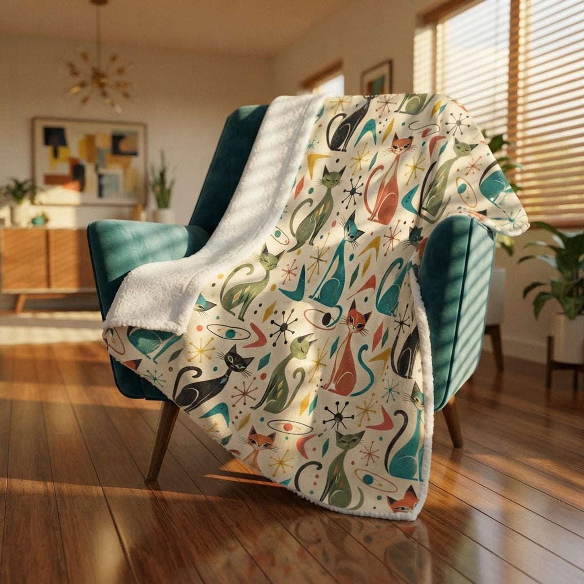 Retro Cat Blanket, 50 × 60 Inch Sherpa Fleece Throw with Mid-Century Print