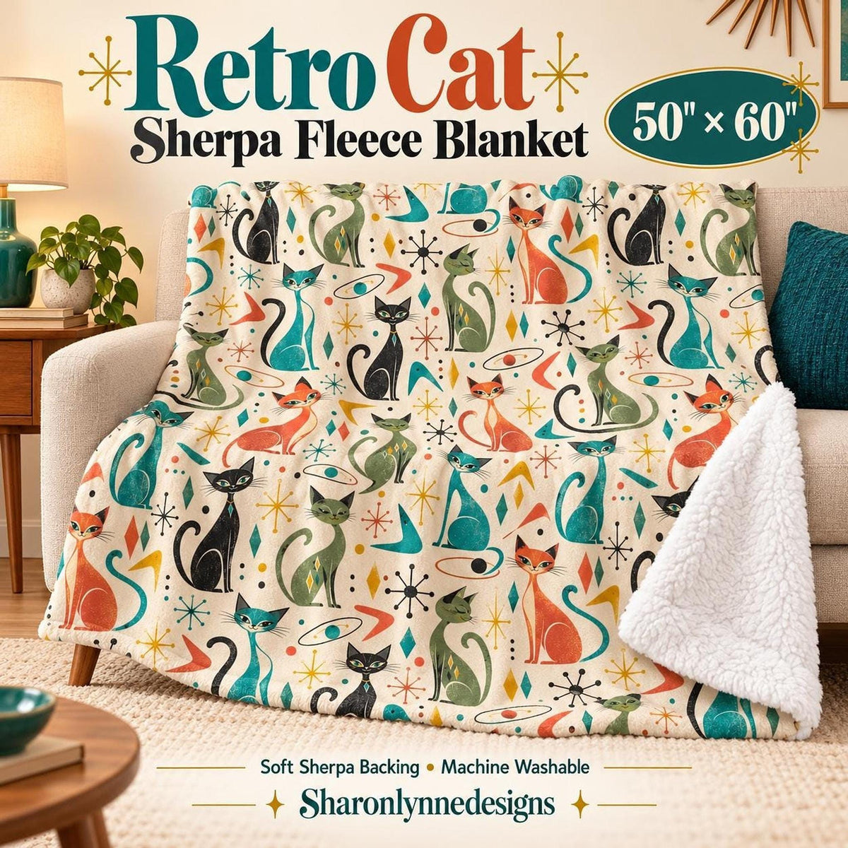 Retro Cat Blanket, 50 × 60 Inch Sherpa Fleece Throw with Mid-Century Print