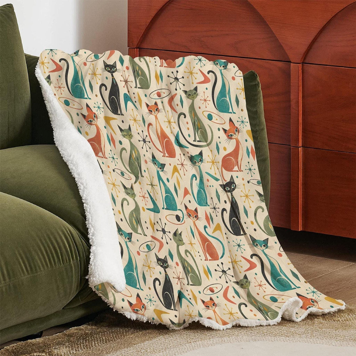 Retro Cat Blanket, 50 × 60 Inch Sherpa Fleece Throw with Mid-Century Print