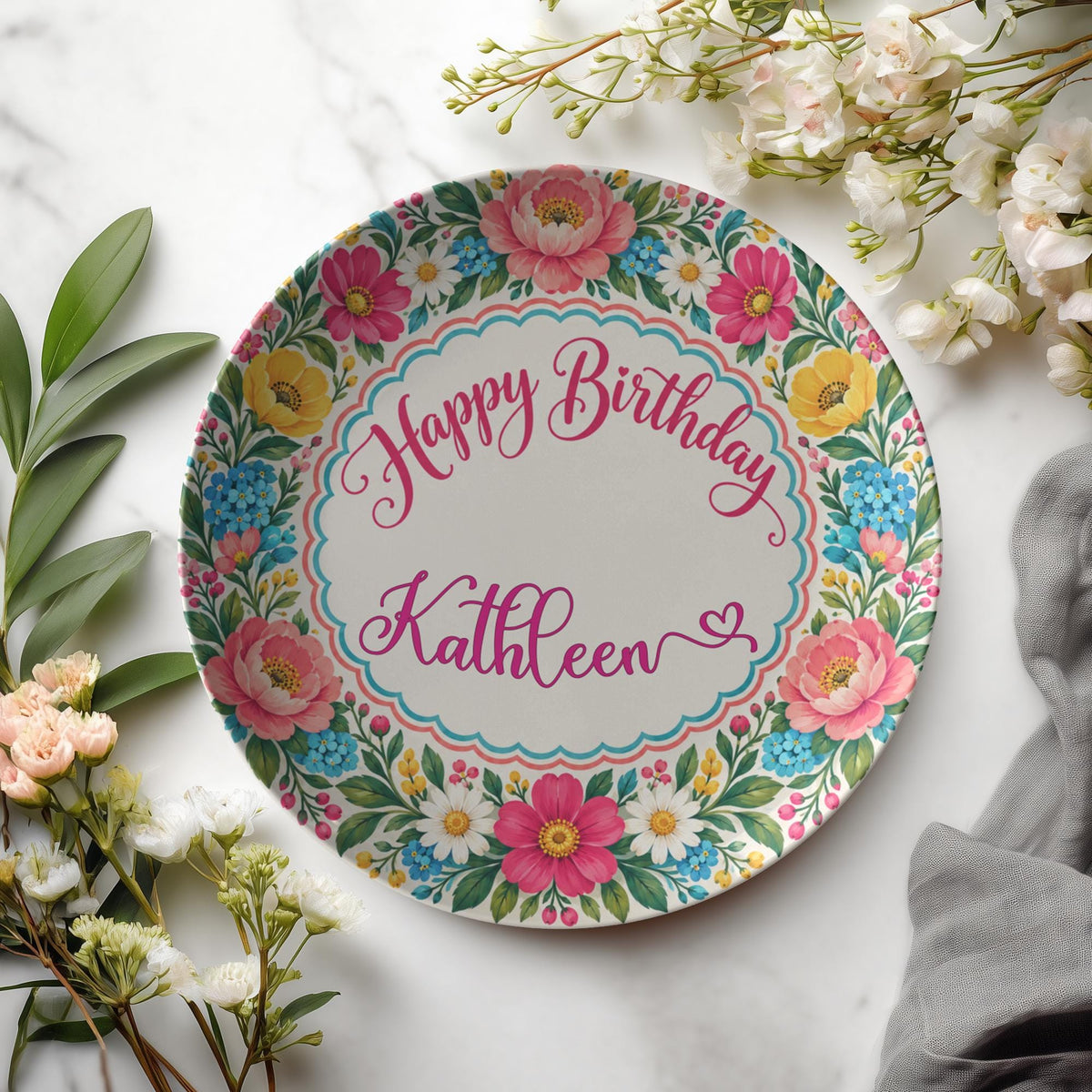 Happy Birthday Plate, 10-Inch Polymer Dinnerware with Floral Scalloped Border