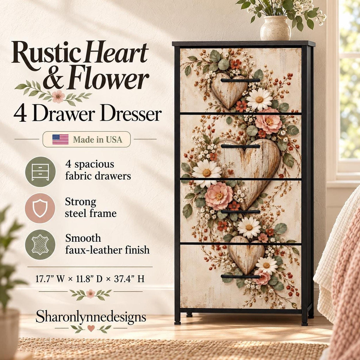 Rustic Floral 4 Drawer Dresser, Slim Fabric Storage with Steel Frame