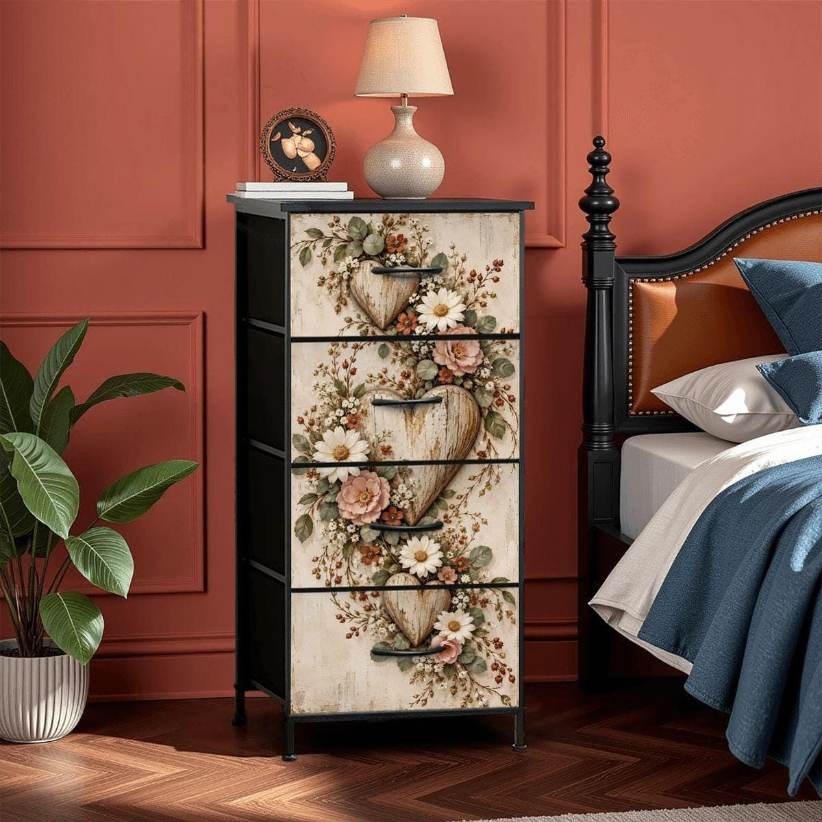 Rustic Floral 4 Drawer Dresser, Slim Fabric Storage with Steel Frame