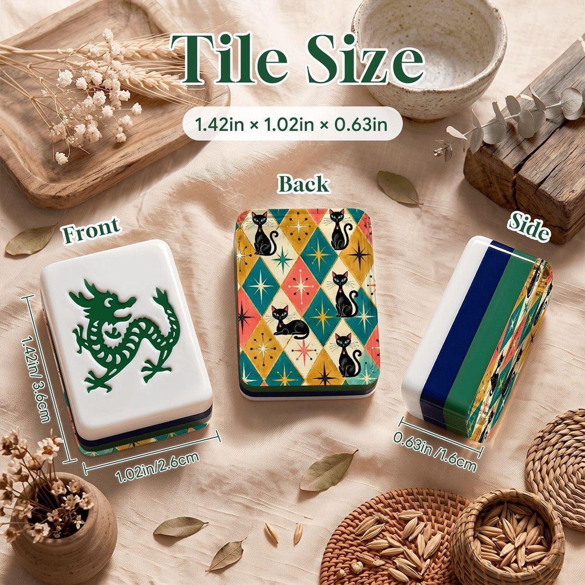 Retro Cat American Mahjong Tiles, 166-Piece Blue Green Acrylic Set
