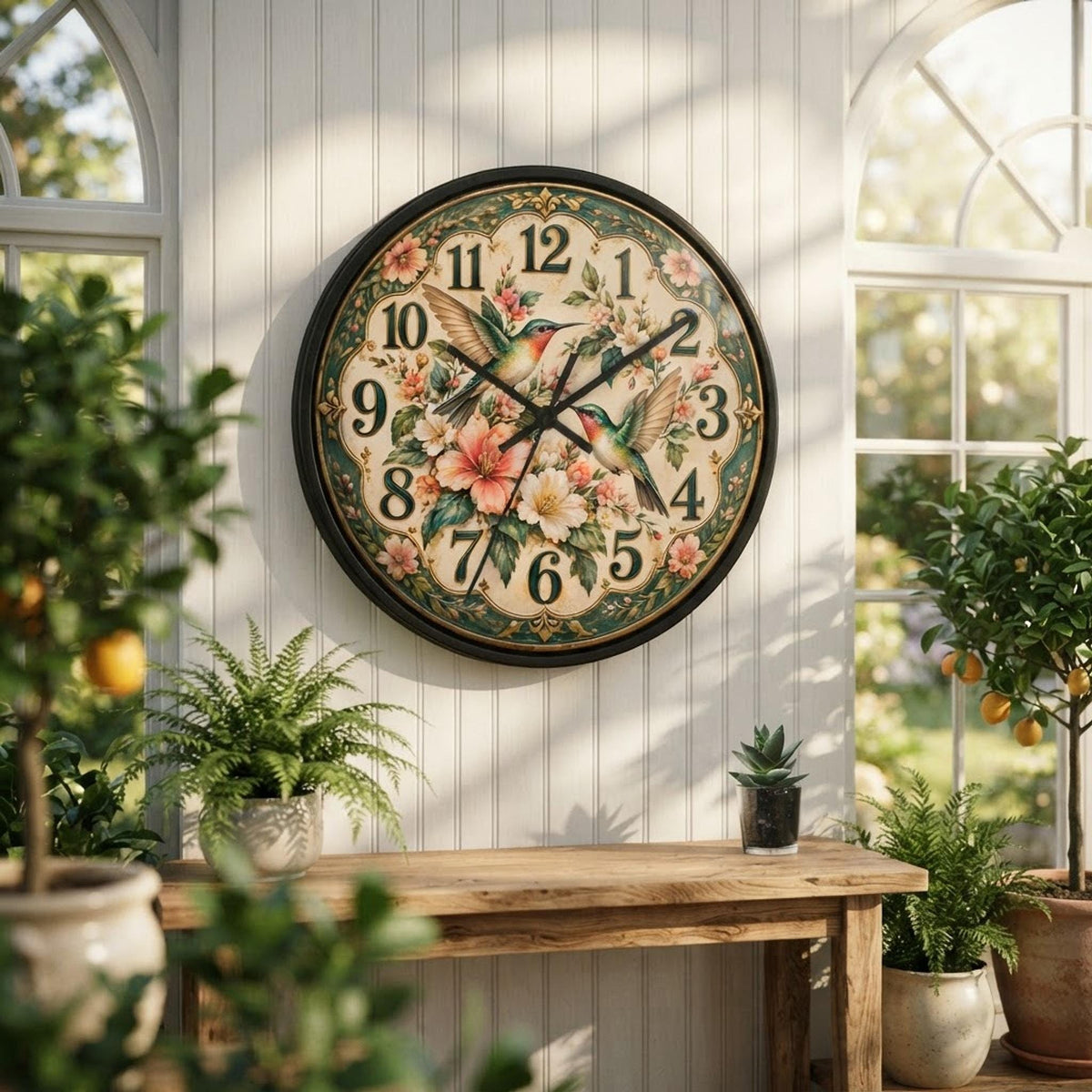 Floral Wall Clock, 10 x 10 Inch Hummingbird Design with Wood Frame