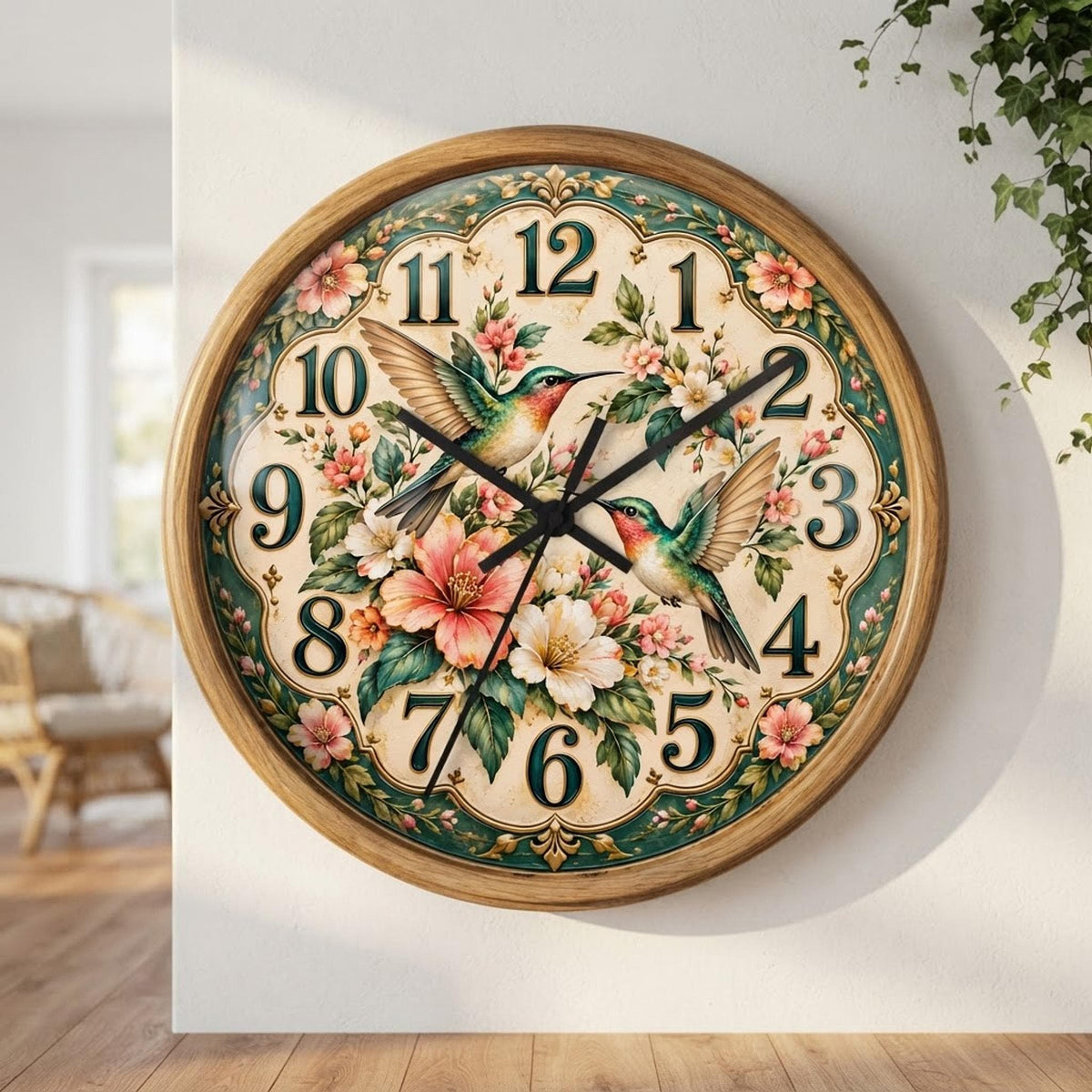 Floral Wall Clock, 10 x 10 Inch Hummingbird Design with Wood Frame