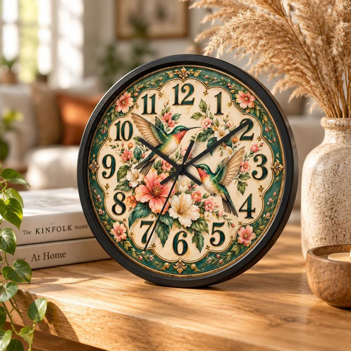 Floral Wall Clock, 10 x 10 Inch Hummingbird Design with Wood Frame