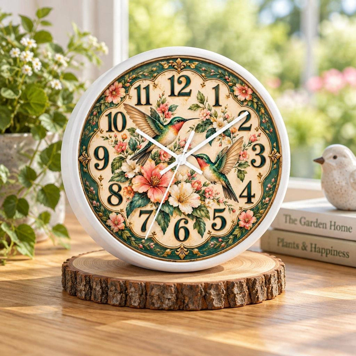 Floral Wall Clock, 10 x 10 Inch Hummingbird Design with Wood Frame