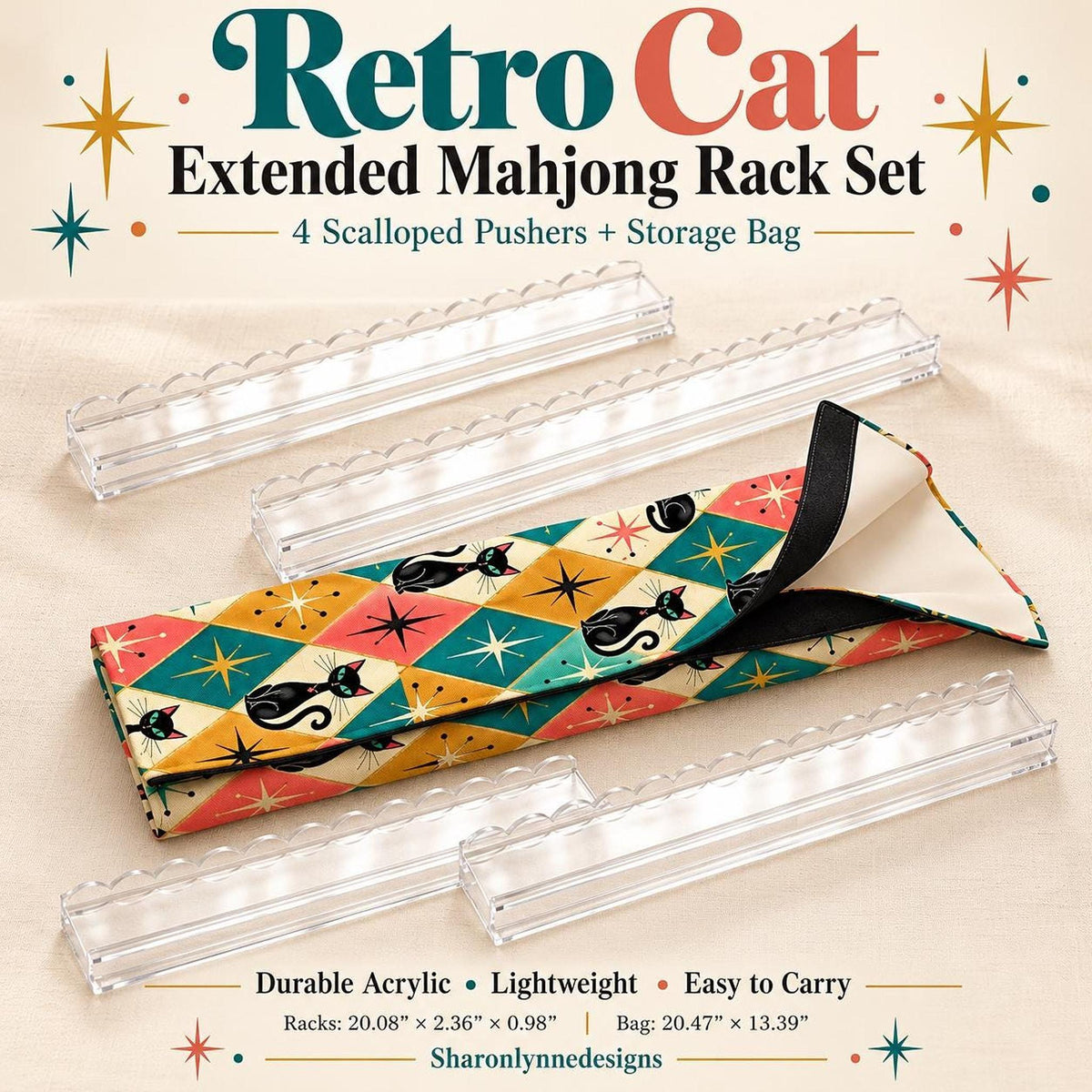 Retro Cat Mahjong Rack Set, Four Acrylic Extended with Scalloped Pushers and Storage Bag