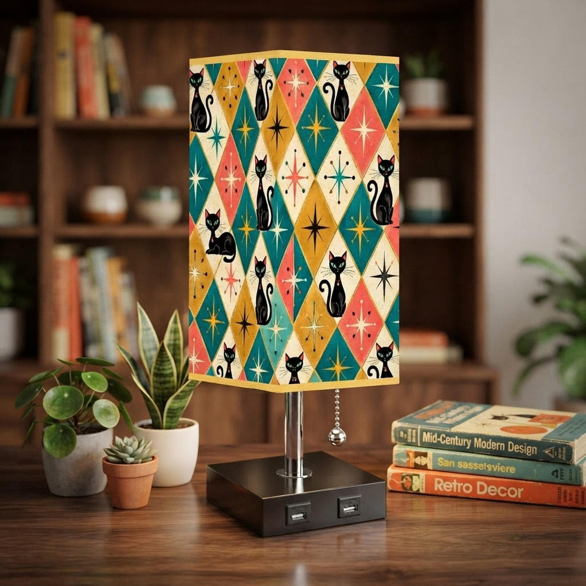 Retro Cat Square Table Lamp with USB Port Gold Trim