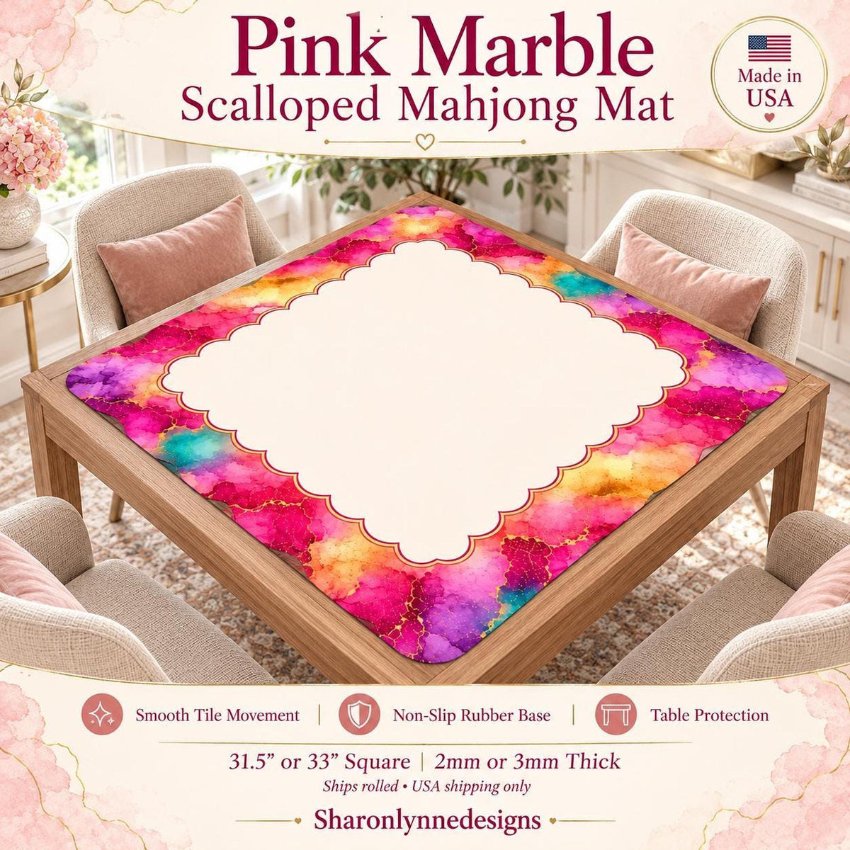 Pink Marble Scalloped Mahjong Mat (Made in USA)