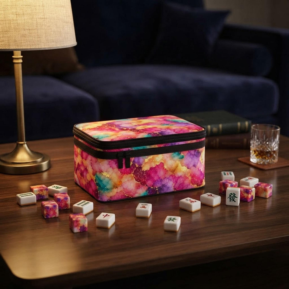 Pink Marble Mahjong Bag, Polyester Portable Storage With Carry Handle