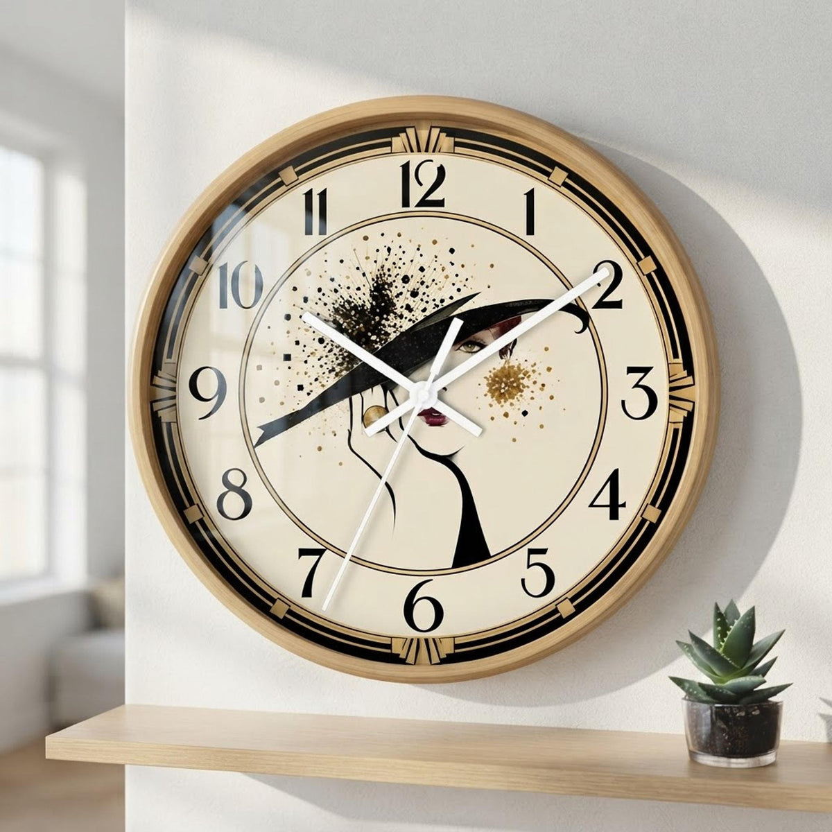 Art Deco Wall Clock, 10 x 10 Inch Silent with Wood Frame