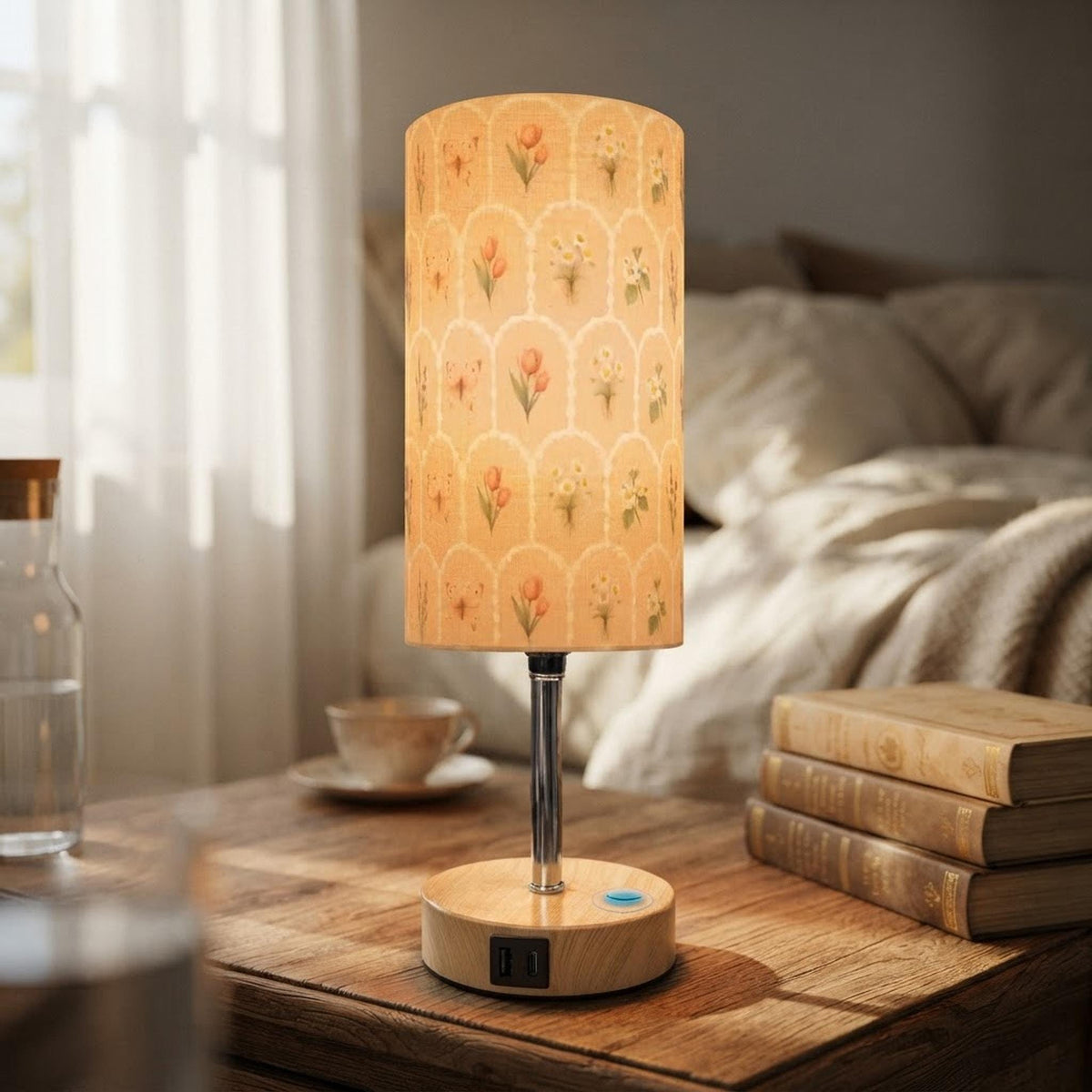Bedside Table Lamp With Peach Blossoms, Touch Dimming, USB and Type-C Charging
