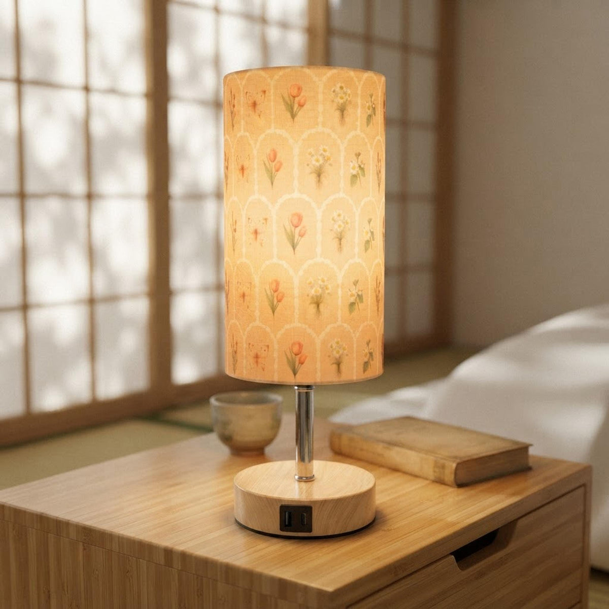 Bedside Table Lamp With Peach Blossoms, Touch Dimming, USB and Type-C Charging
