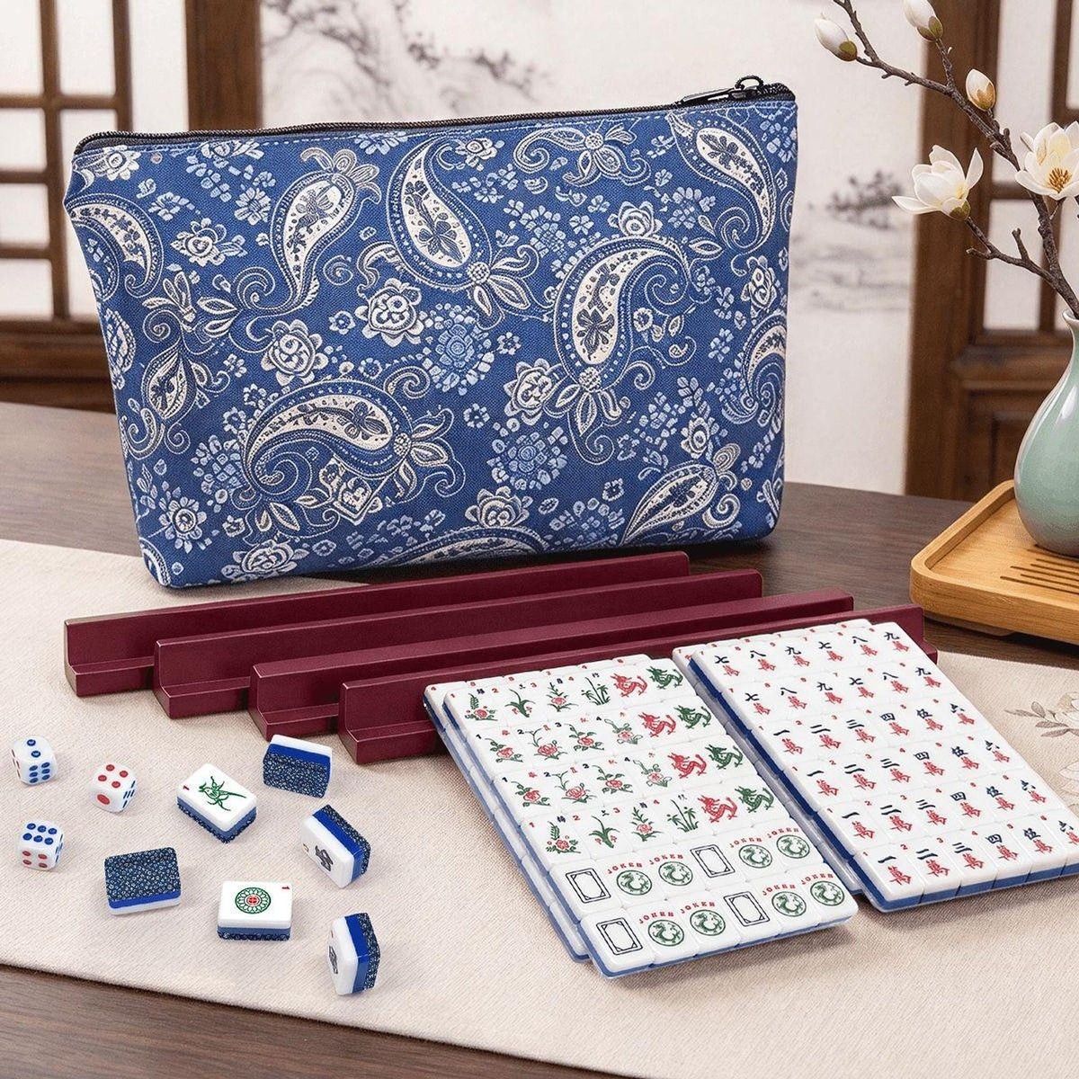 Mini Mahjong Set, Navy Blue Daisy Acrylic Tiles, 166-Tile American Game With Wooden Racks